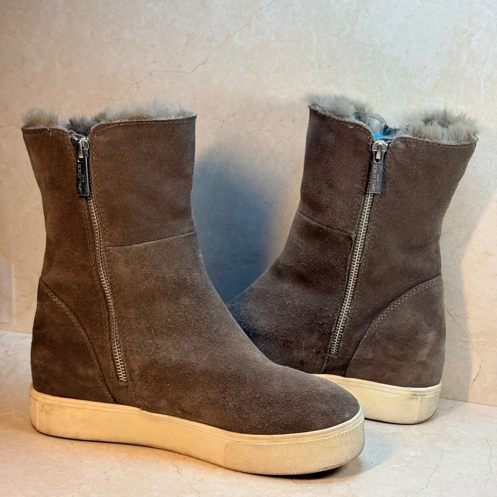 J Slides NYC Winnie Taupe Suede Fur Lined Wedge Heel Boots Women‎ Size 8M Winter
